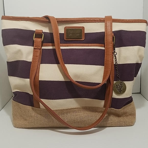 Younique Handbags - Younique Striped Canvas and Straw Tote Bag